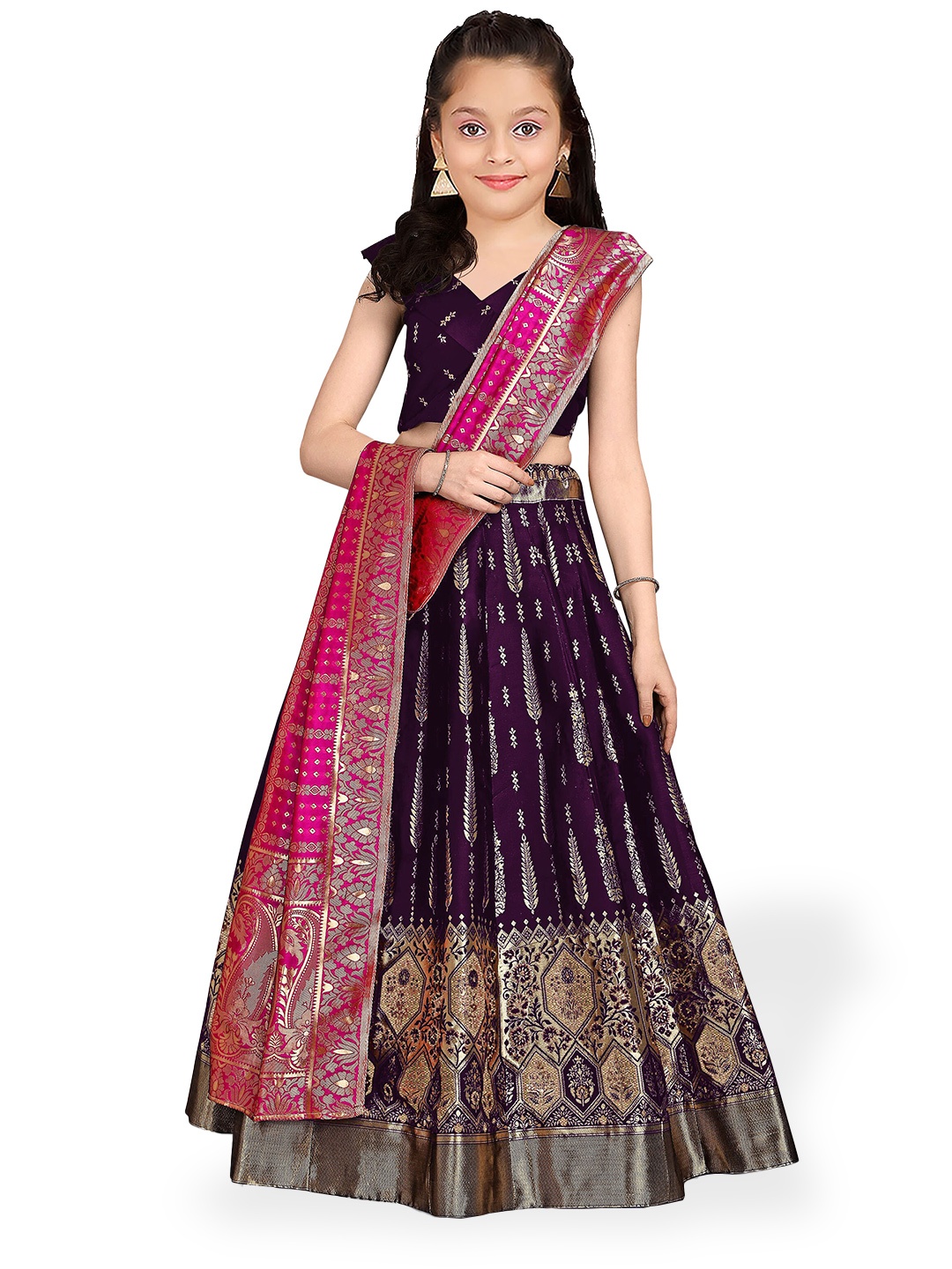 

BAESD Girls Purple & Pink Semi-Stitched Lehenga & Unstitched Blouse With Dupatta