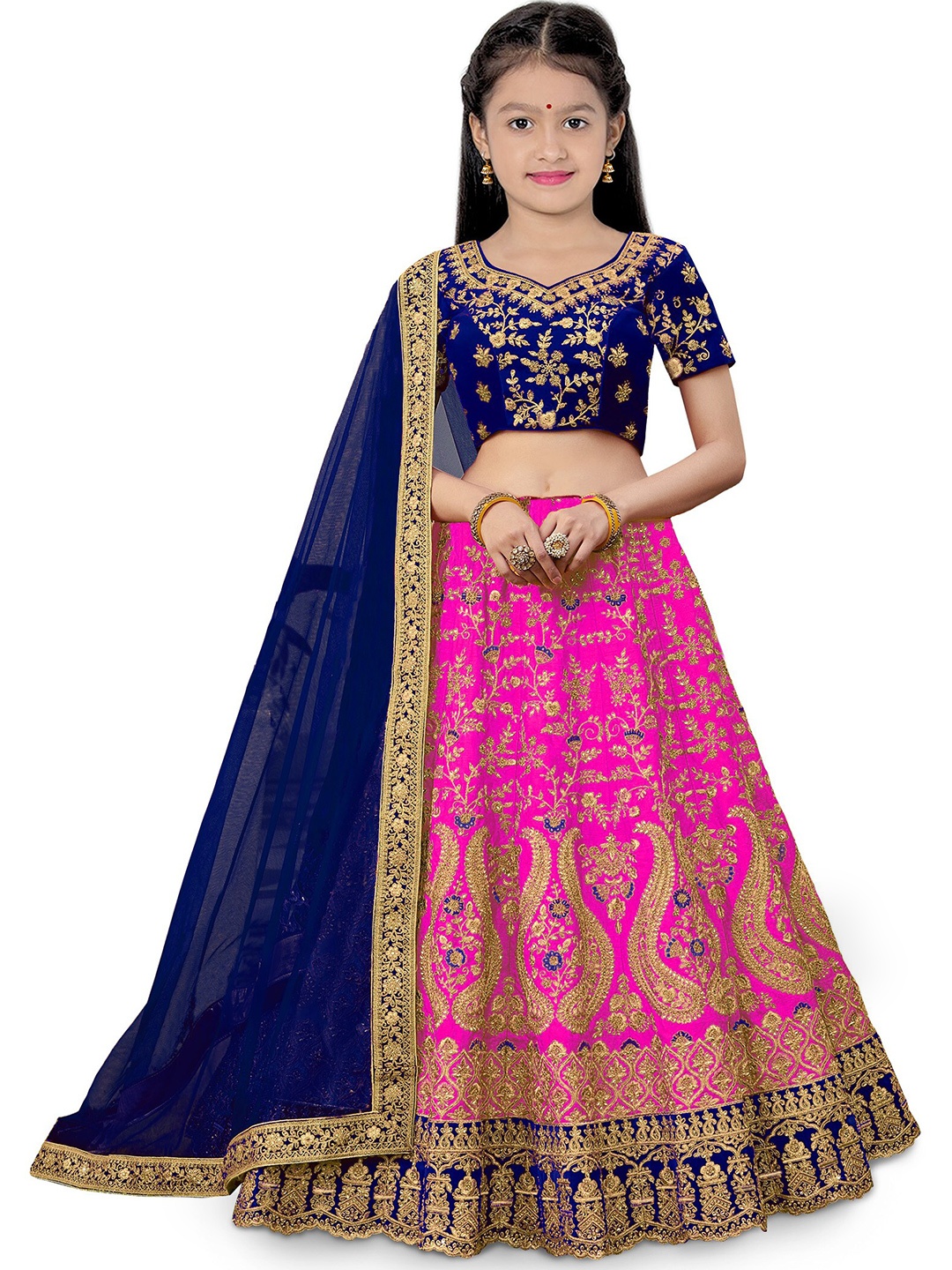 

BAESD Girls Pink & Navy Blue Embroidered Thread Work Semi-Stitched Lehenga & Unstitched Blouse With Dupatta