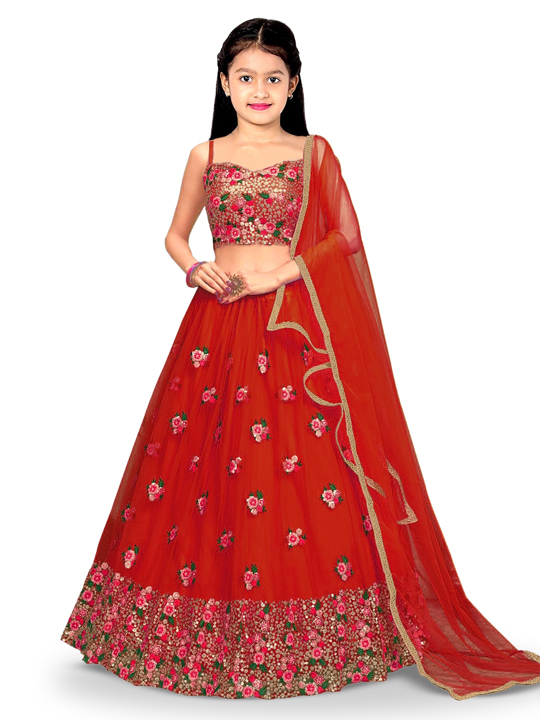 

BAESD Girls Embroidered Thread Work Semi-Stitched Lehenga & Unstitched Blouse With Dupatta, Red