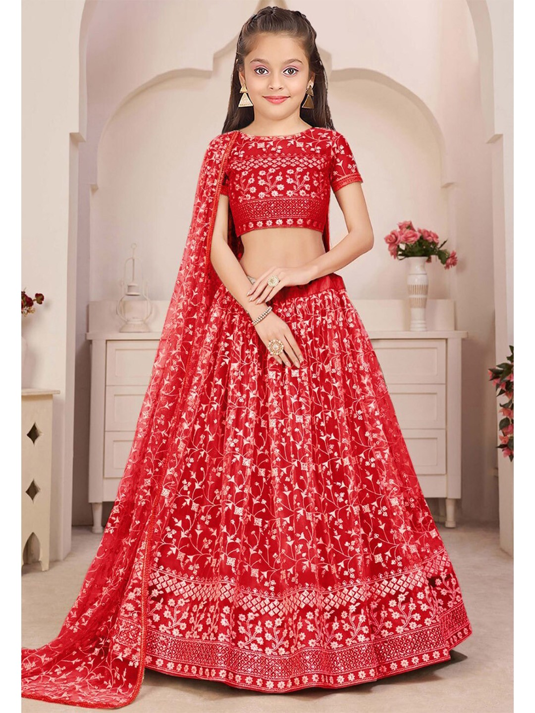 

BAESD Girls Embroidered Thread Work Semi-Stitched Lehenga & Unstitched Blouse With Dupatta, Red