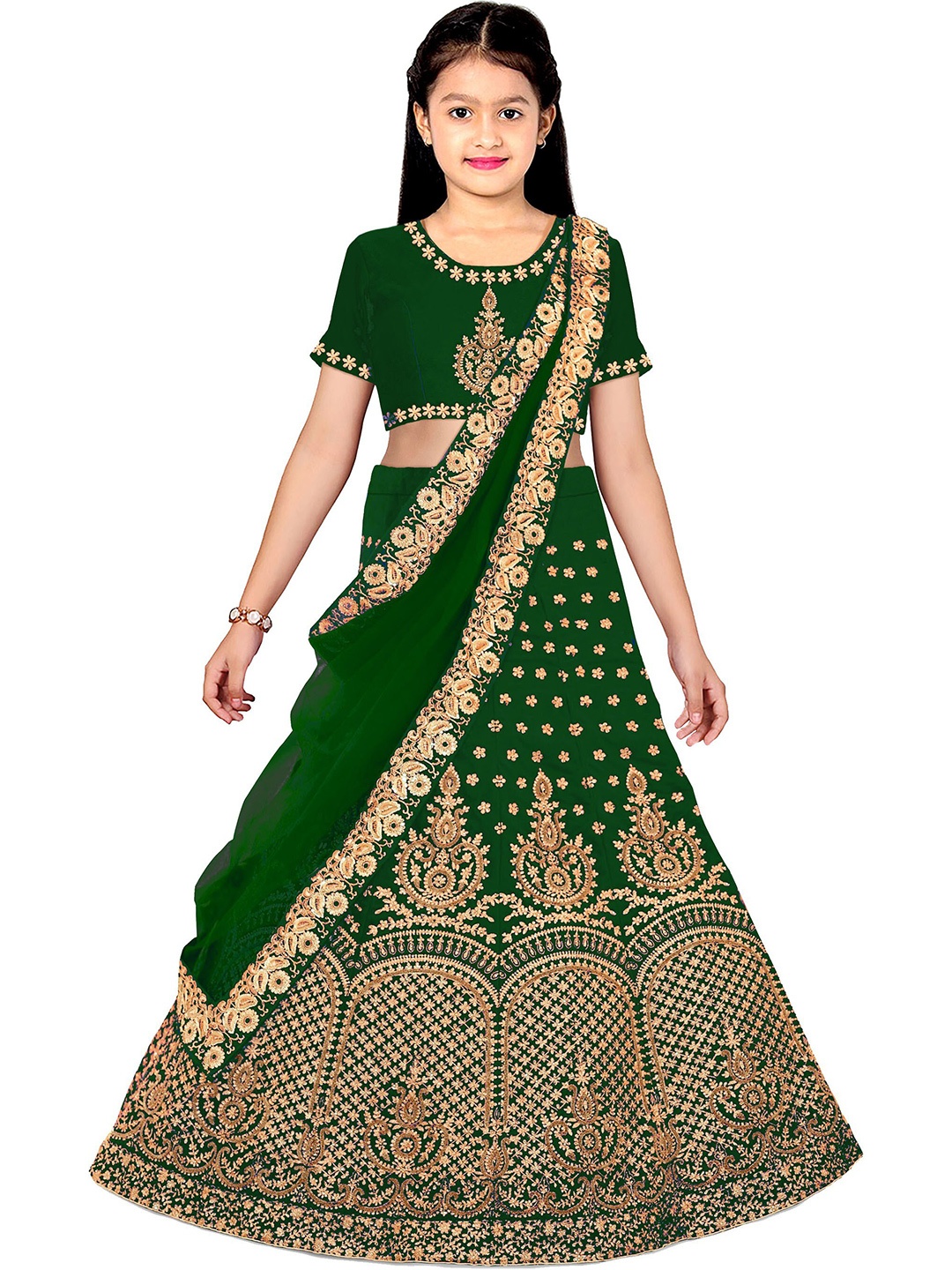 

BAESD Girls Green & Gold-Toned Embroidered Thread Work Semi-Stitched Lehenga & Unstitched Blouse With Dupatta