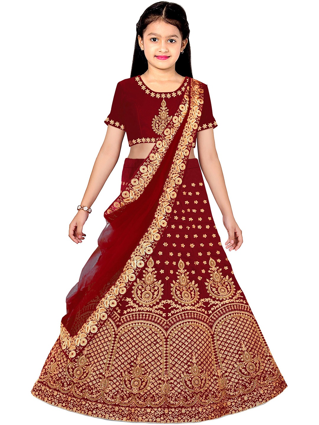 

BAESD Girls Maroon & Gold-Toned Embroidered Thread Work Semi-Stitched Lehenga & Unstitched Blouse With