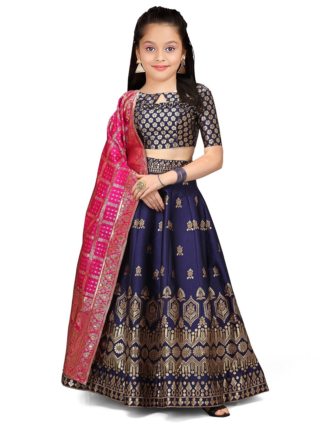 

BAESD Girls Blue & Pink Semi-Stitched Lehenga & Unstitched Blouse With Dupatta