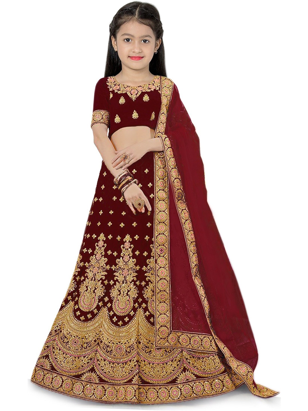 

BAESD Girls Maroon & Gold-Toned Embroidered Thread Work Semi-Stitched Lehenga & Unstitched Blouse With