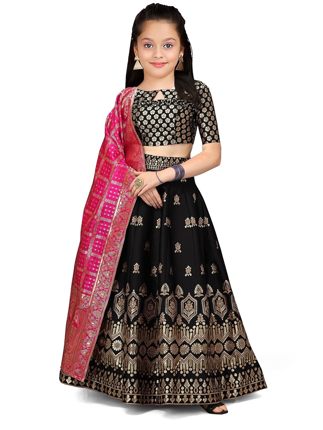 

BAESD Girls Black & Pink Semi-Stitched Lehenga & Unstitched Blouse With Dupatta