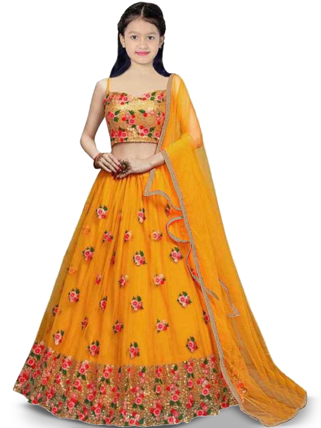 

BAESD Girls Thread Work Silk Semi-Stitched Lehenga & Unstitched Blouse With Dupatta, Yellow