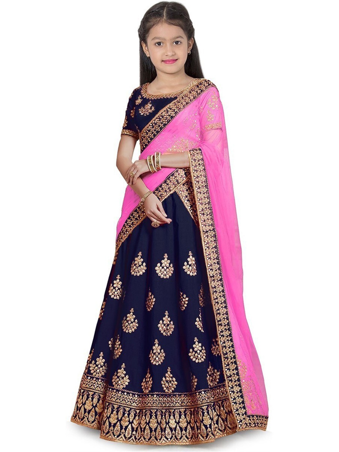 

BAESD Girls Thread Work Silk Semi-Stitched Lehenga & Unstitched Blouse With Dupatta, Blue