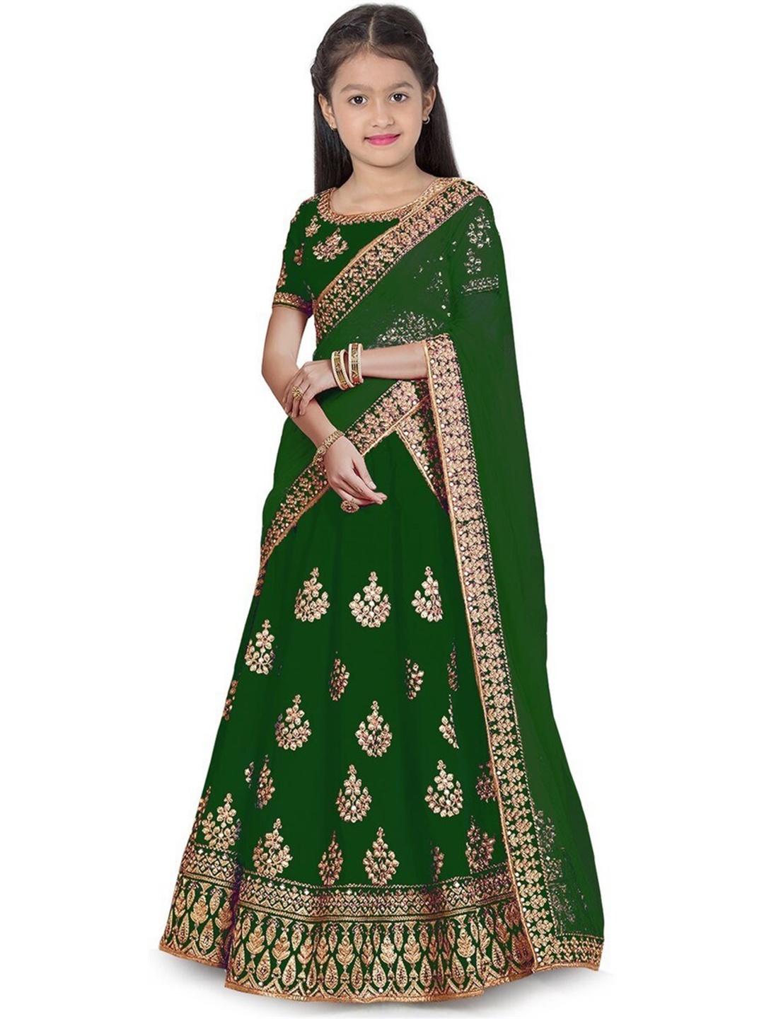 

BAESD Girls Embroidered Thread Work Semi-Stitched Lehenga & Unstitched Blouse With Dupatta, Green