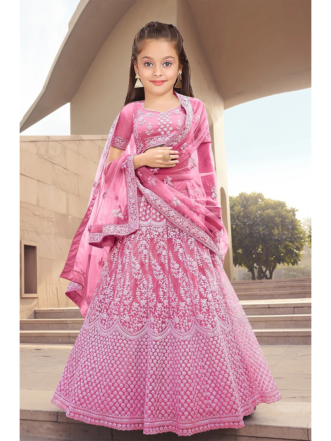 

BAESD Girls Embroidered Thread Work Semi-Stitched Lehenga & Unstitched Blouse With Dupatta, Pink
