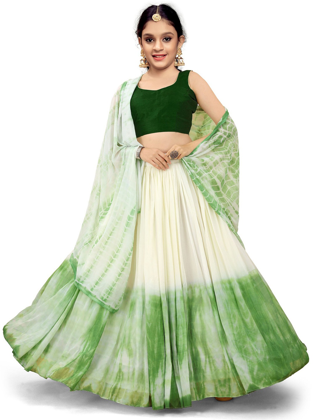 

BAESD Girls Green & White Tie and Dye Semi-Stitched Lehenga & Unstitched Blouse With Dupatta