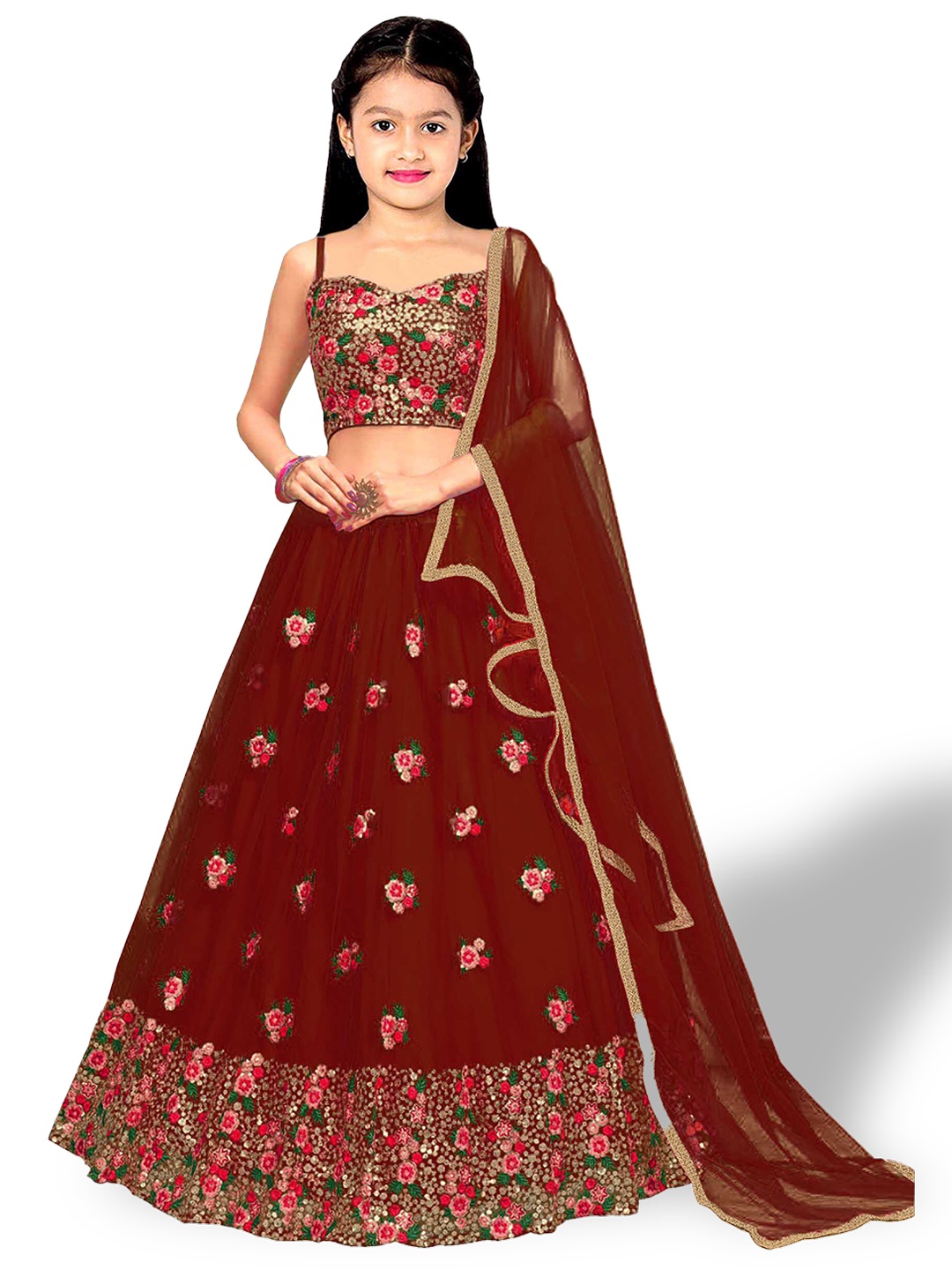 

BAESD Girls Embroidered Thread Work Semi-Stitched Lehenga & Unstitched Blouse With Dupatta, Maroon