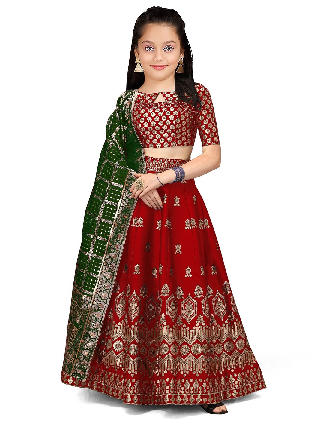 

BAESD Girls Semi-Stitched Lehenga & Unstitched Blouse With Dupatta, Red