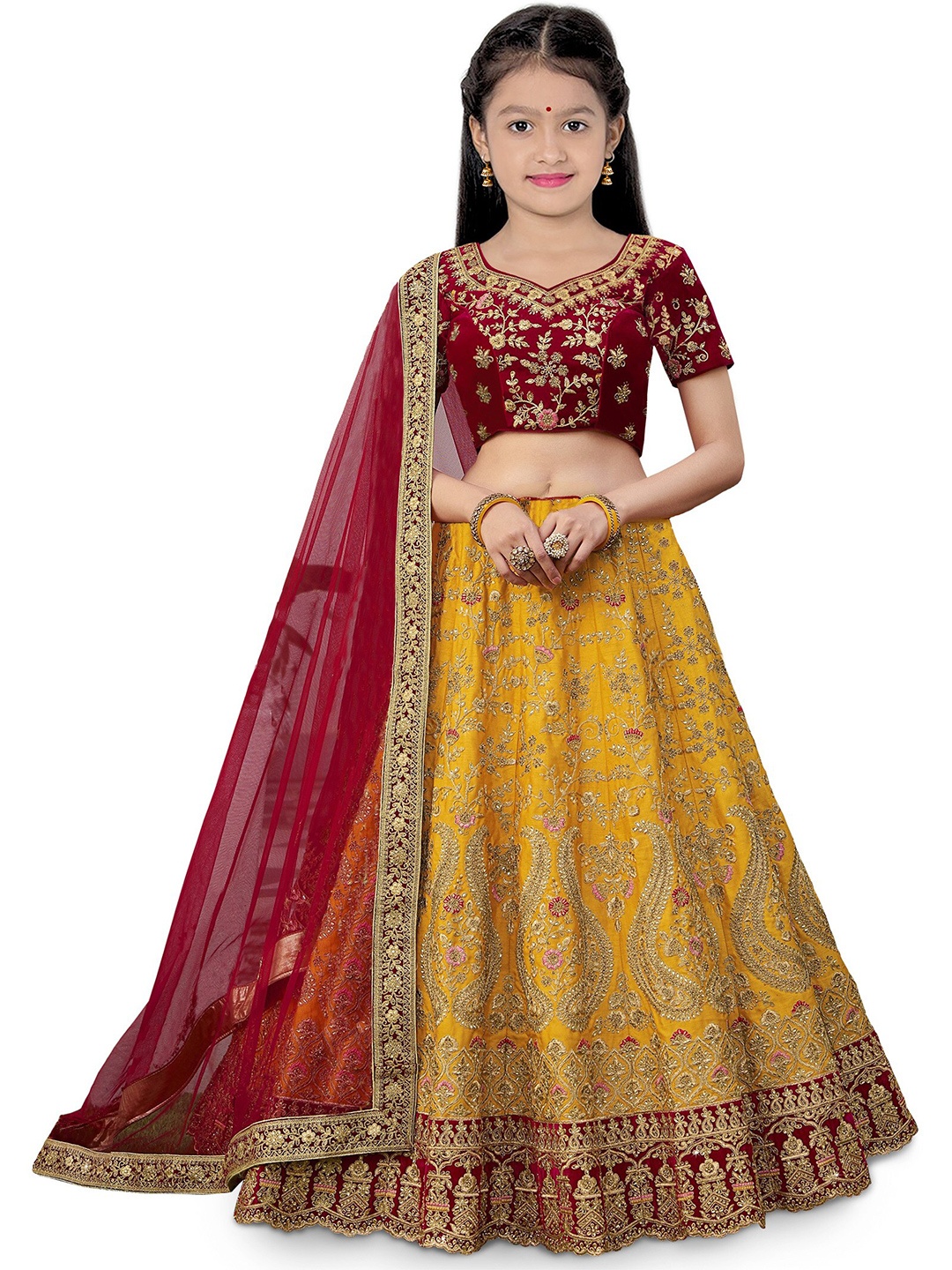 

BAESD Girls Embroidered Thread Work Semi-Stitched Lehenga & Unstitched Blouse With Dupatta, Yellow
