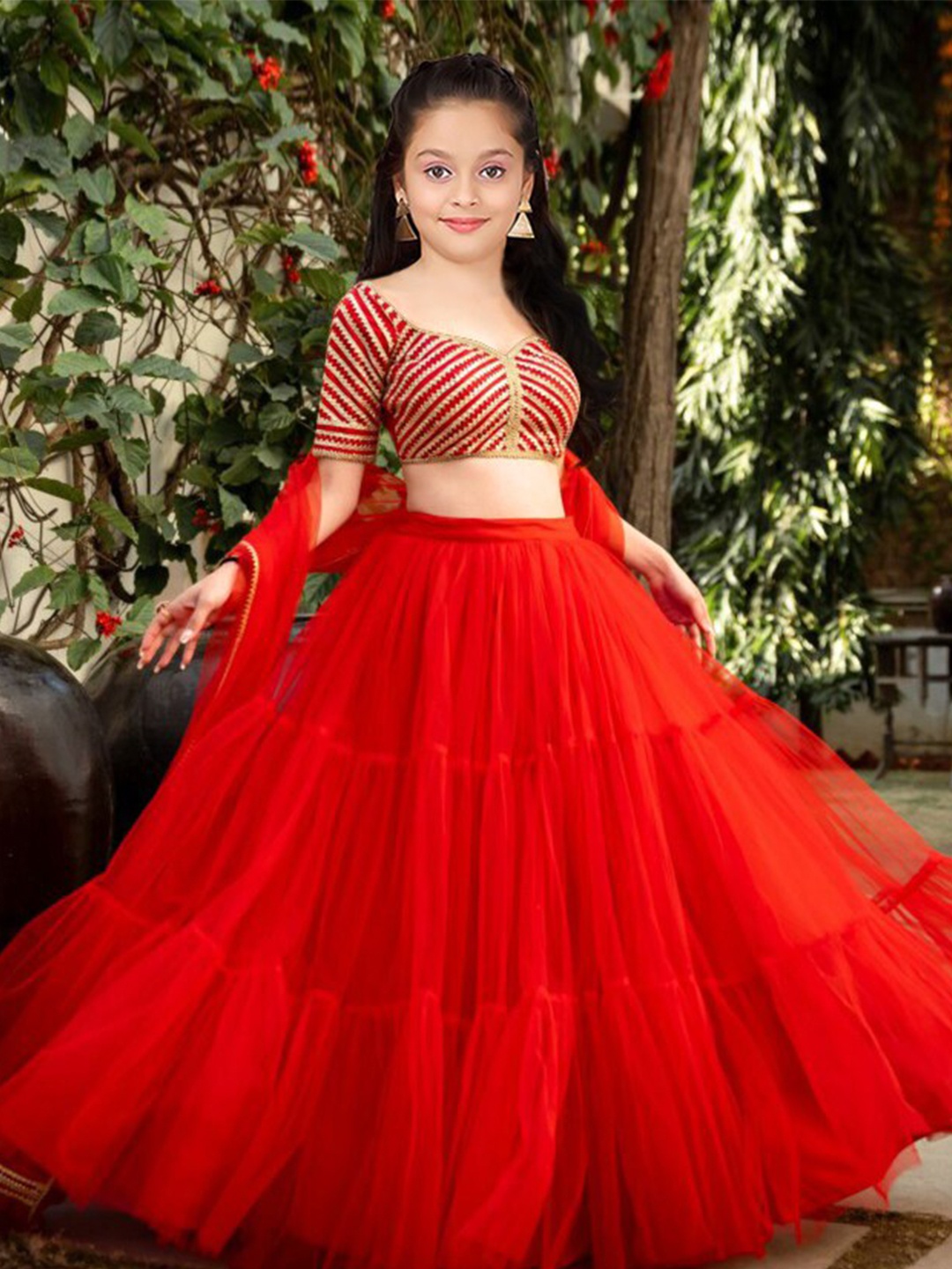 

BAESD Girls Embroidered Semi-Stitched Lehenga & Unstitched Blouse With Dupatta, Red