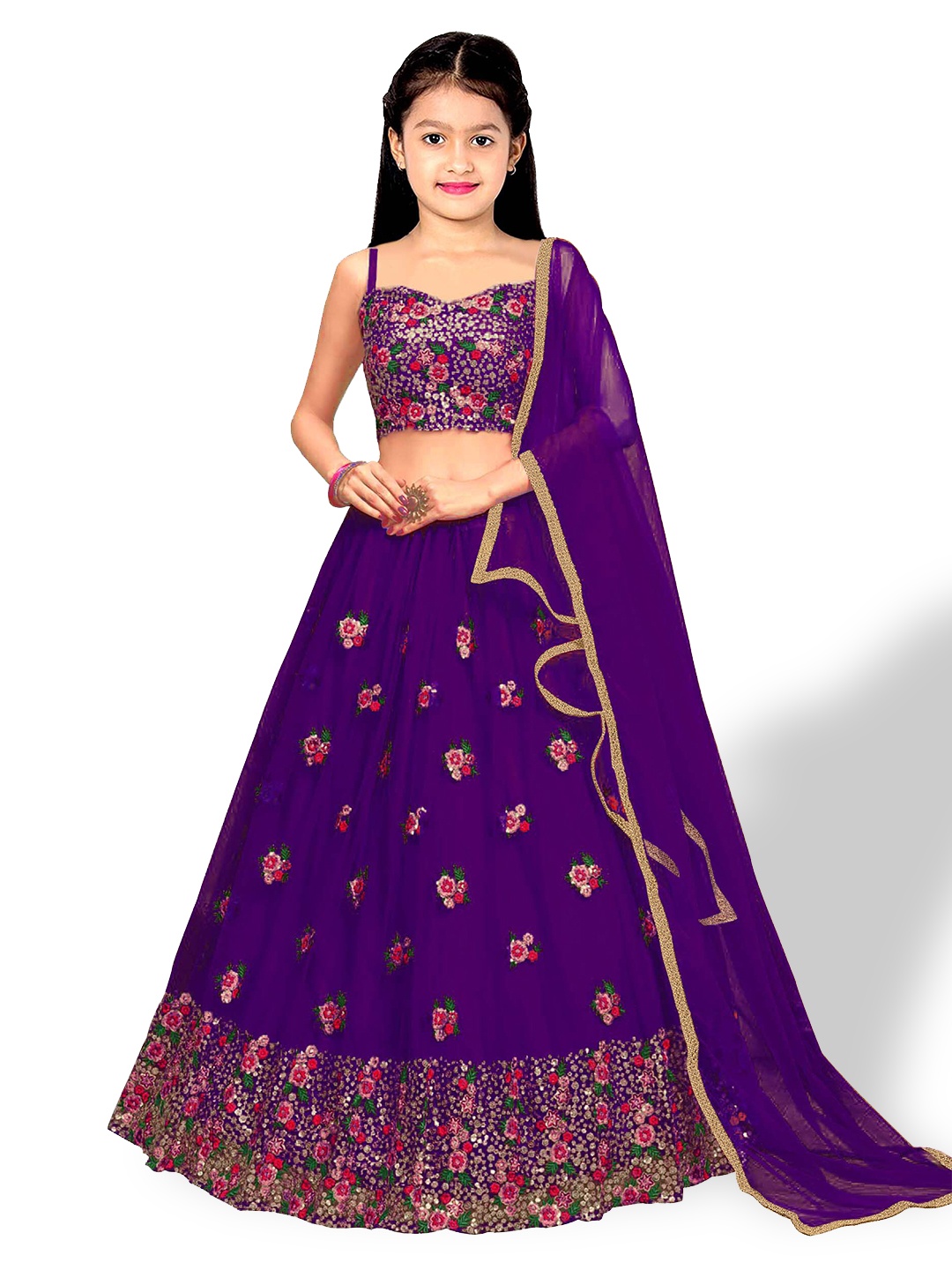 

BAESD Girls Embroidered Thread Work Semi-Stitched Lehenga & Unstitched Blouse With, Purple