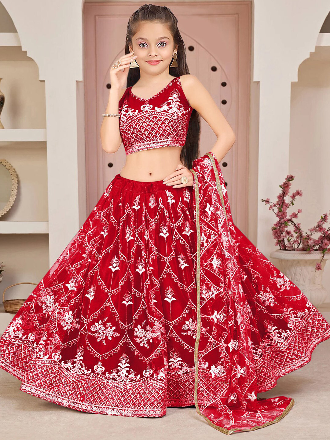 

BAESD Girls Embroidered Thread Work Semi-Stitched Lehenga & Unstitched Blouse With Dupatta, Red