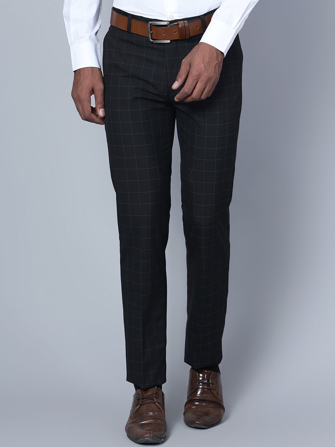 

Cantabil Men Checked Mid-Rise Formal Trousers, Black