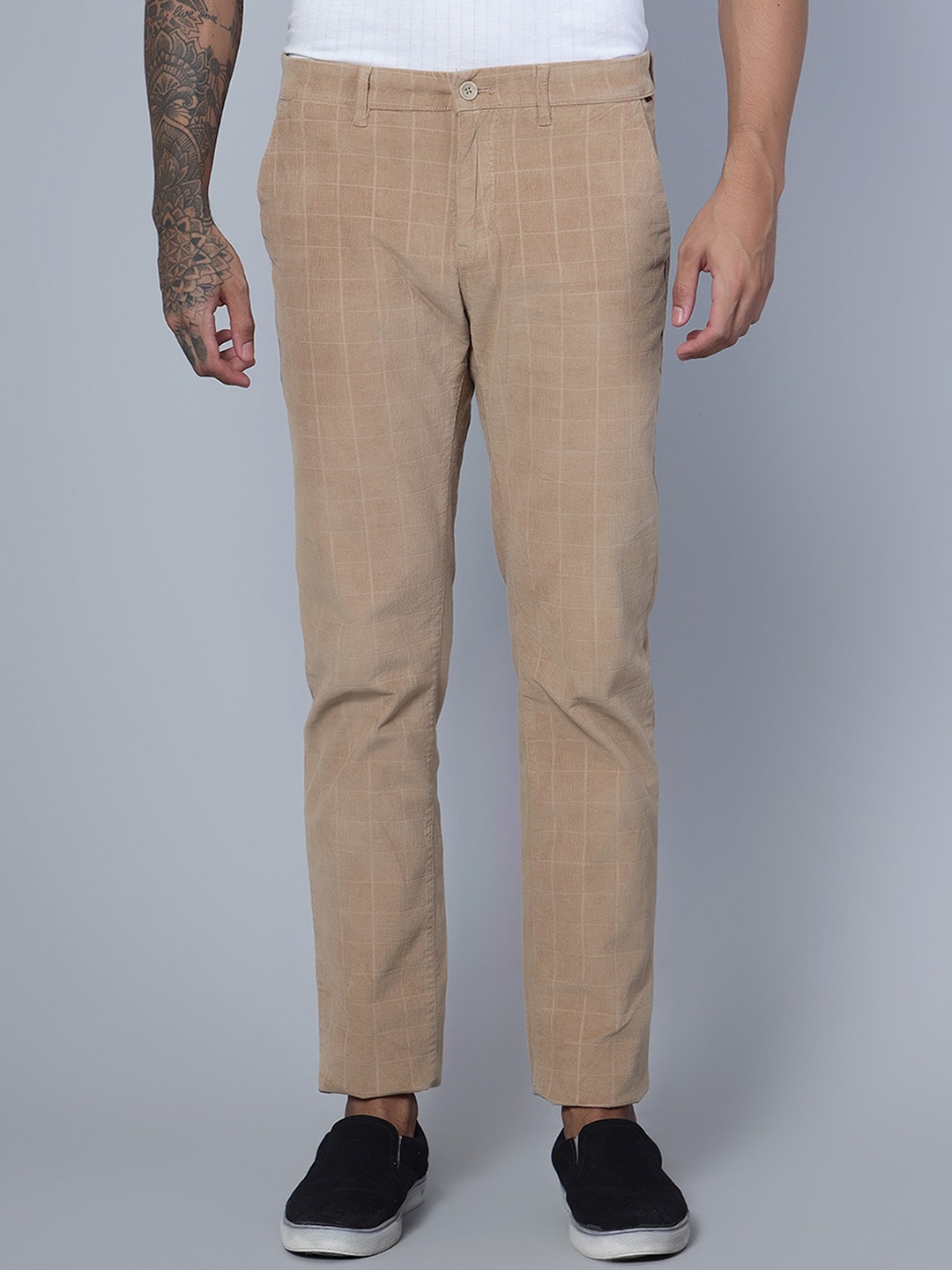 

Cantabil Men Self Design Checked Corduroy Cotton Trousers, Khaki