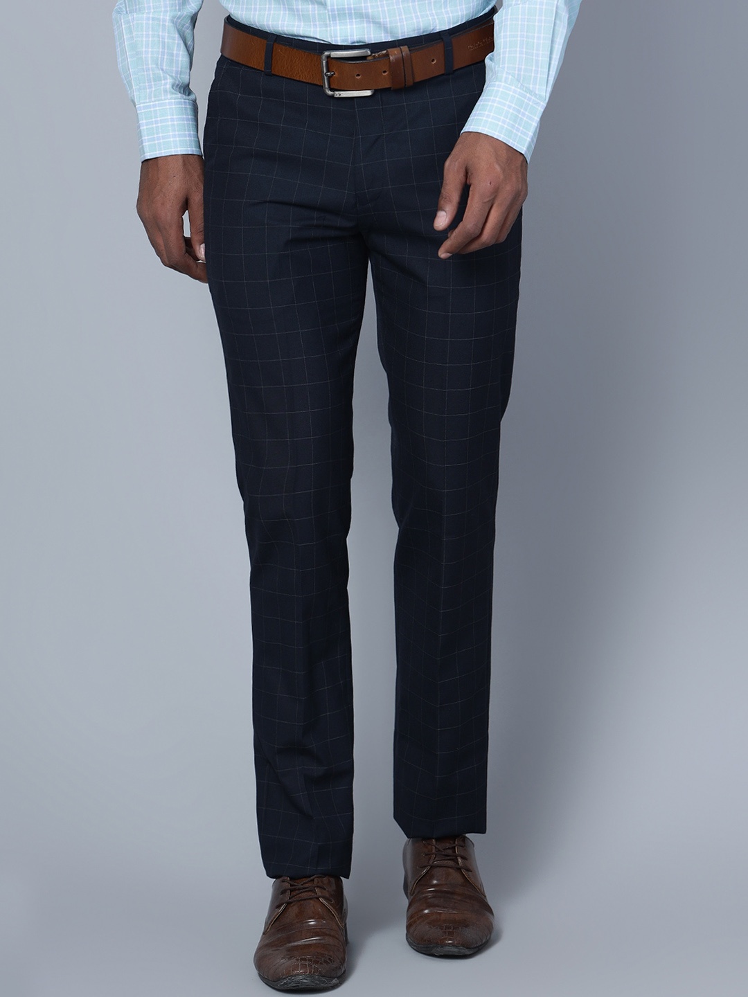 

Cantabil Men Checked Mid-Rise Formal Trousers, Navy blue