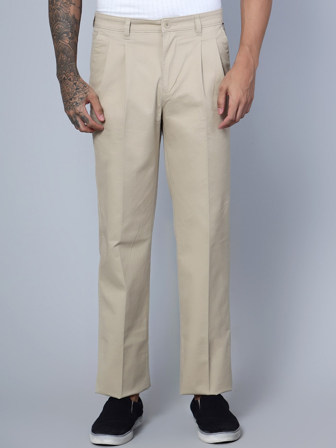 

Cantabil Men Mid-Rise Pleated Cotton Chino Trousers, Beige