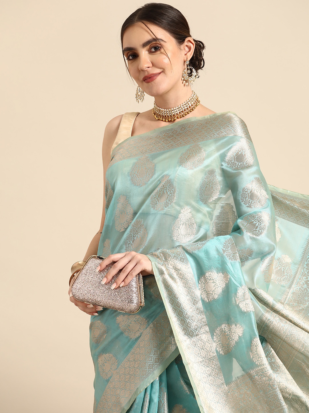 

all about you Ethnic Motifs Zari Organza Banarasi Saree, Turquoise blue