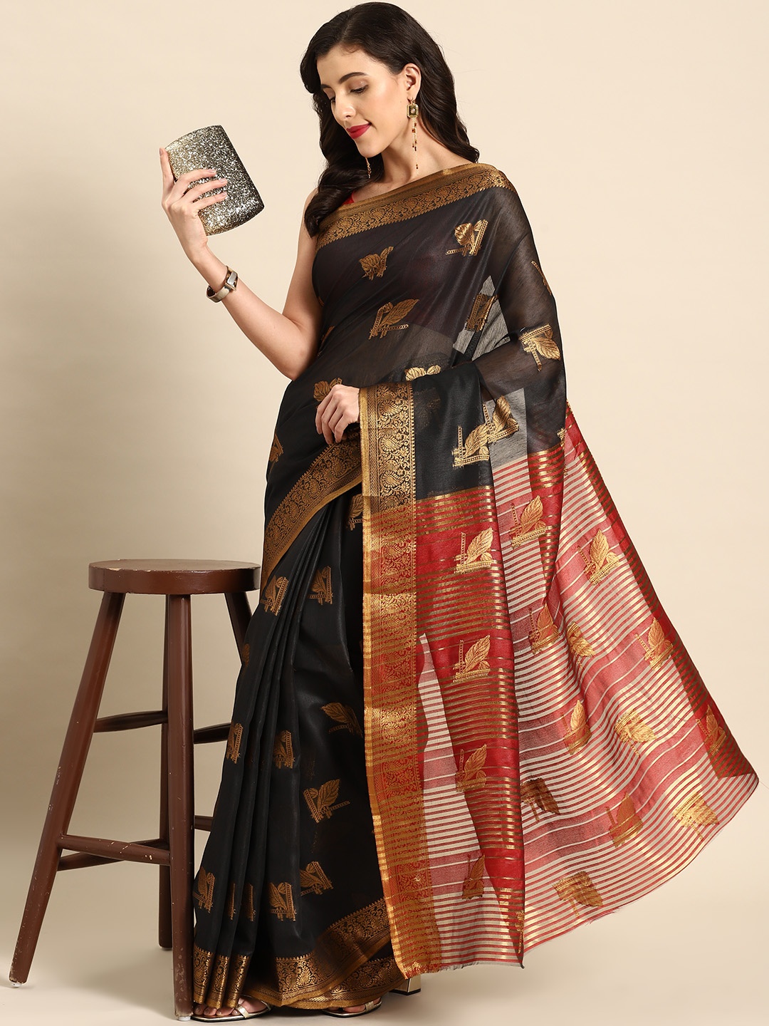 

all about you Floral Woven Design Chanderi Saree, Black