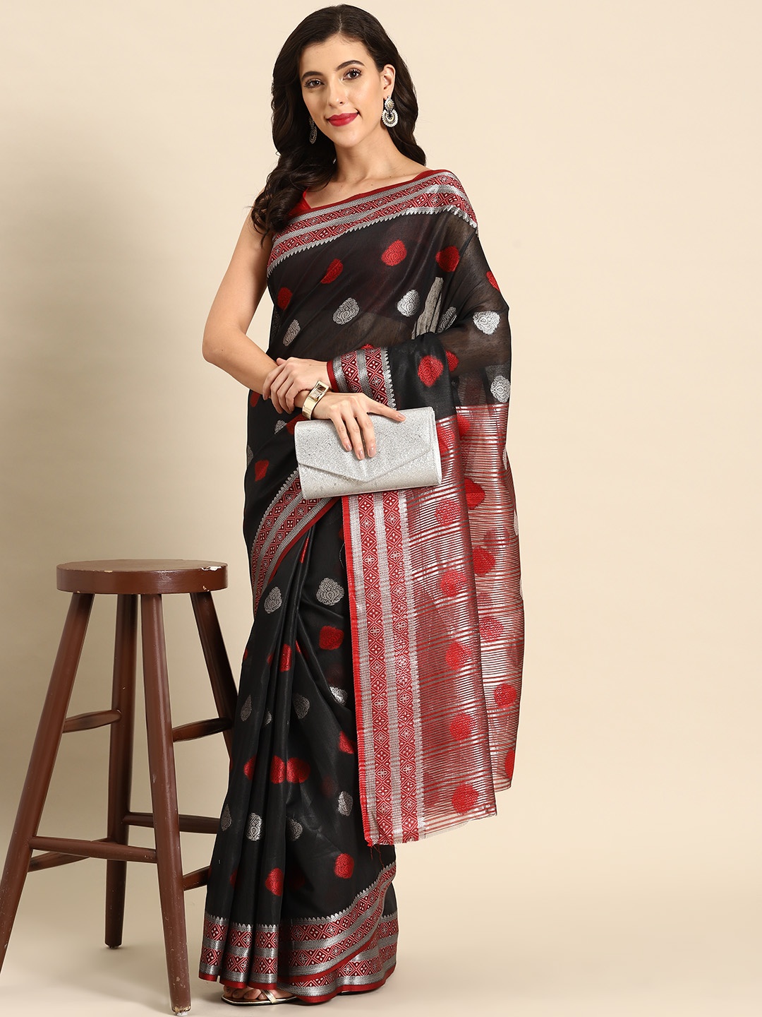 

all about you Ethnic Motifs Woven Design Chanderi Saree, Black