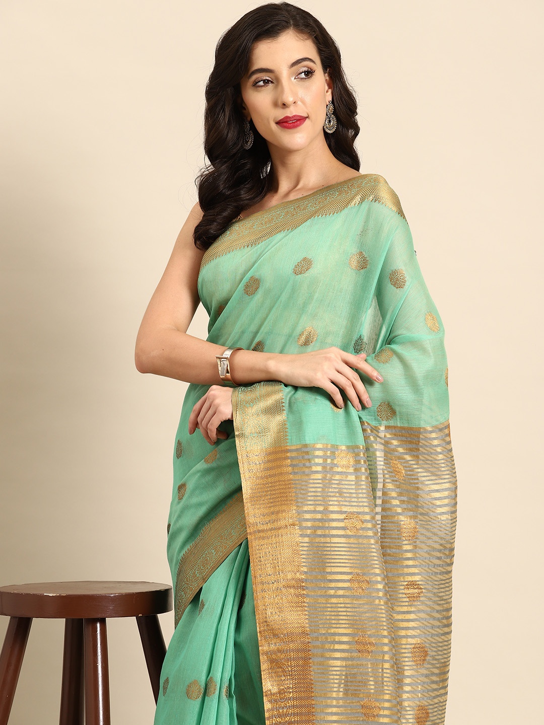 

all about you Ethnic Motifs Woven Design Chanderi Saree, Sea green