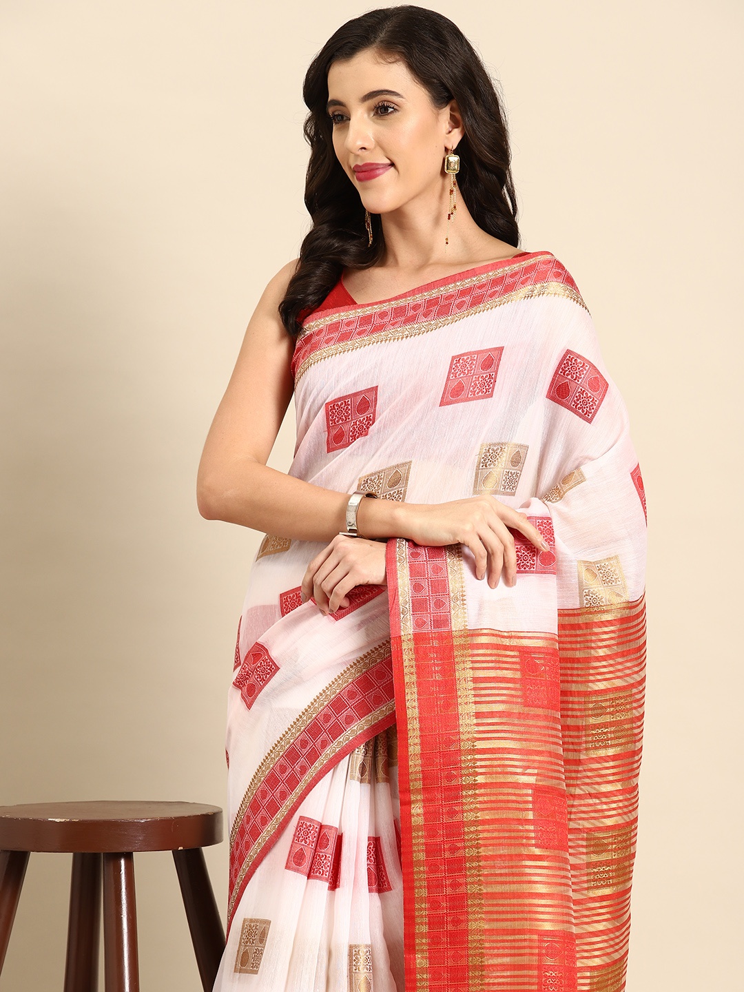

all about you Ethnic Motifs Woven Design Chanderi Saree, White