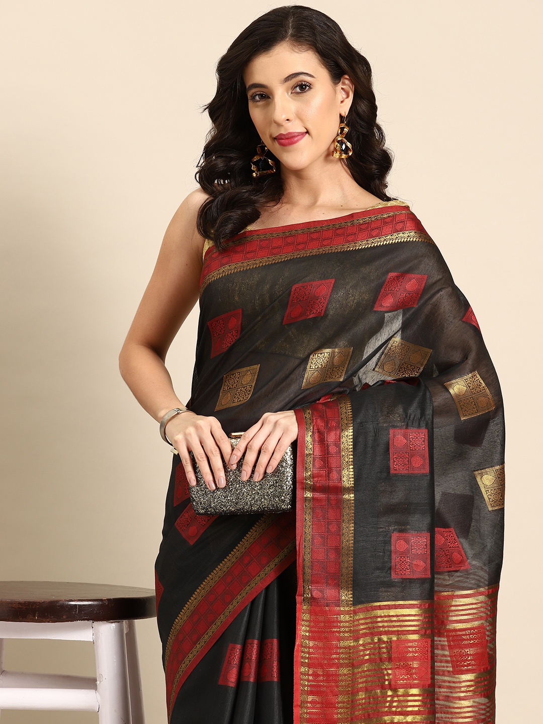 

all about you Ethnic Motifs Chanderi Saree, Black