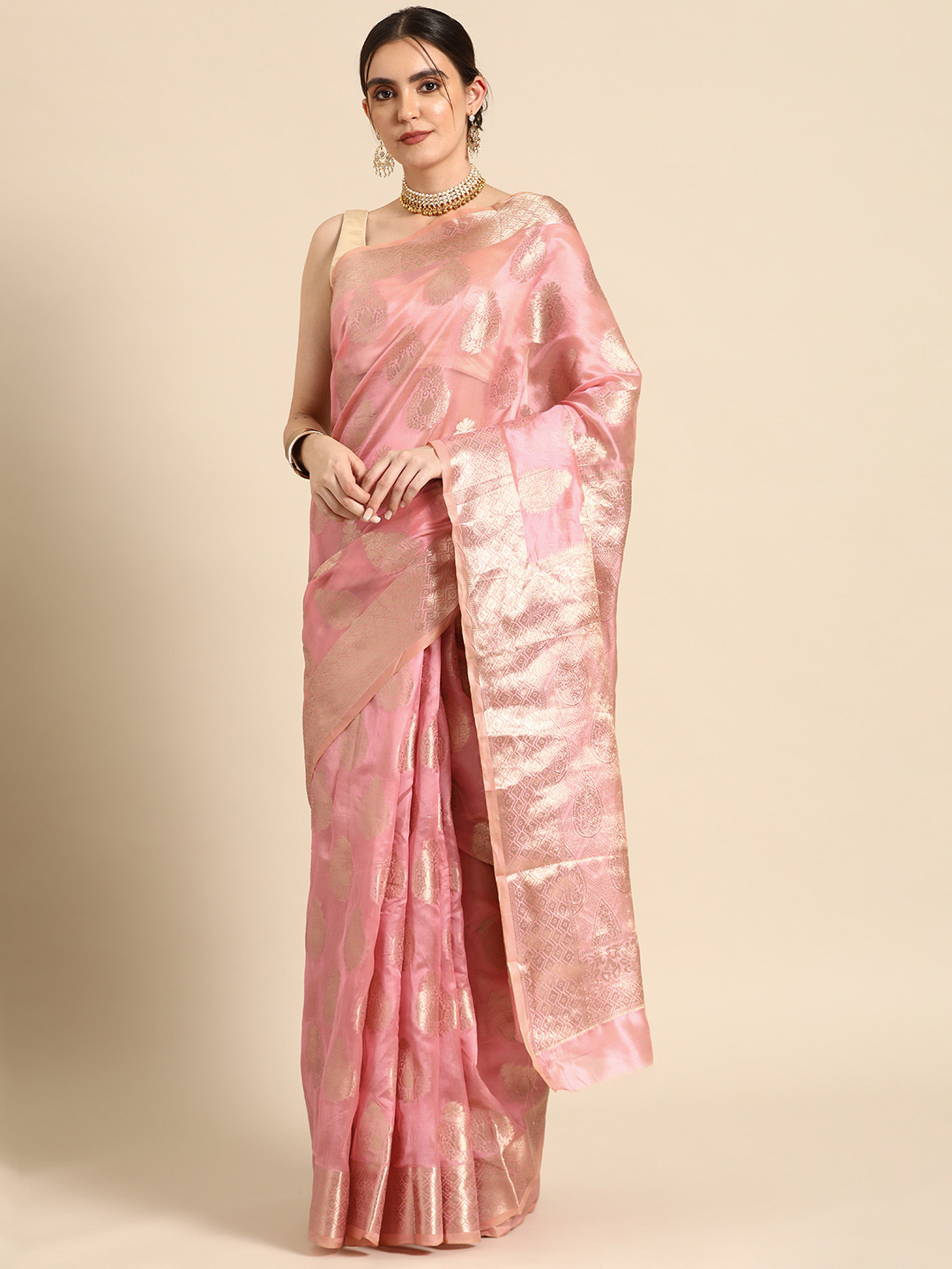 

all about you Ethnic Motifs Zari Organza Banarasi Saree, Pink