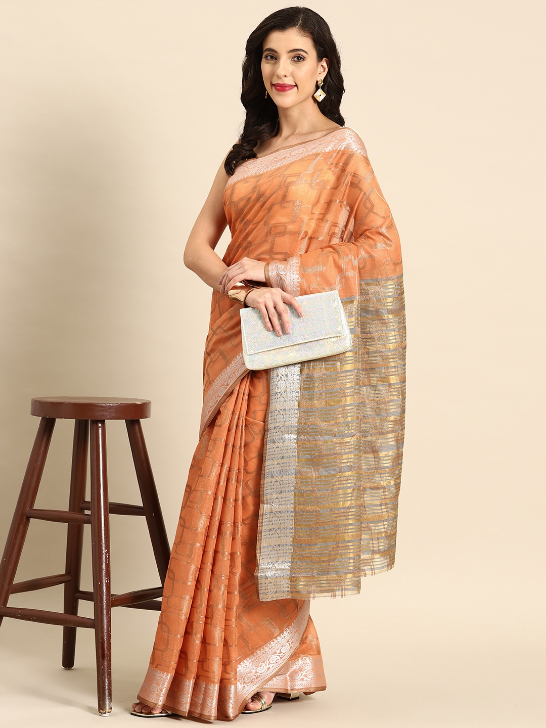 

all about you Geometric Woven Design Chanderi Saree, Peach