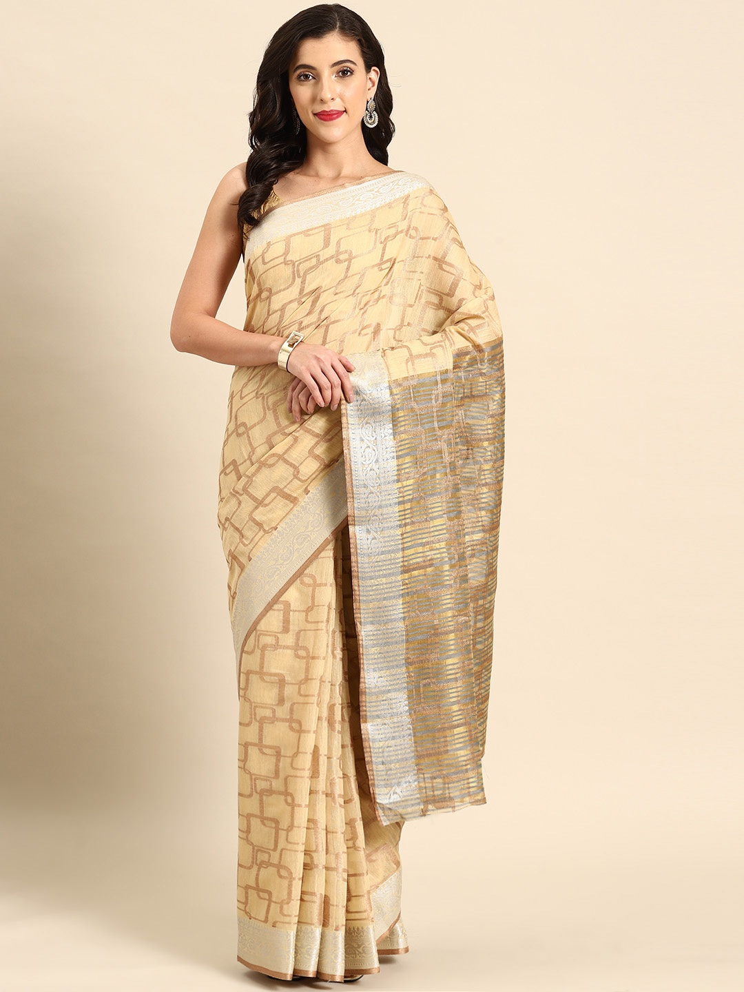 

all about you Geometric Woven Design Chanderi Saree, Khaki