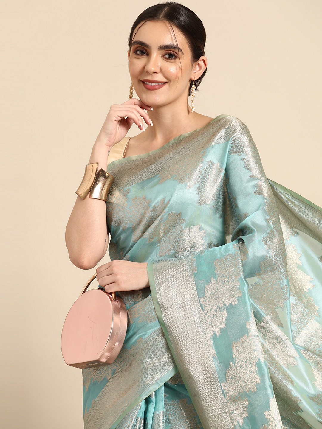 

all about you Floral Zari Organza Banarasi Saree, Turquoise blue