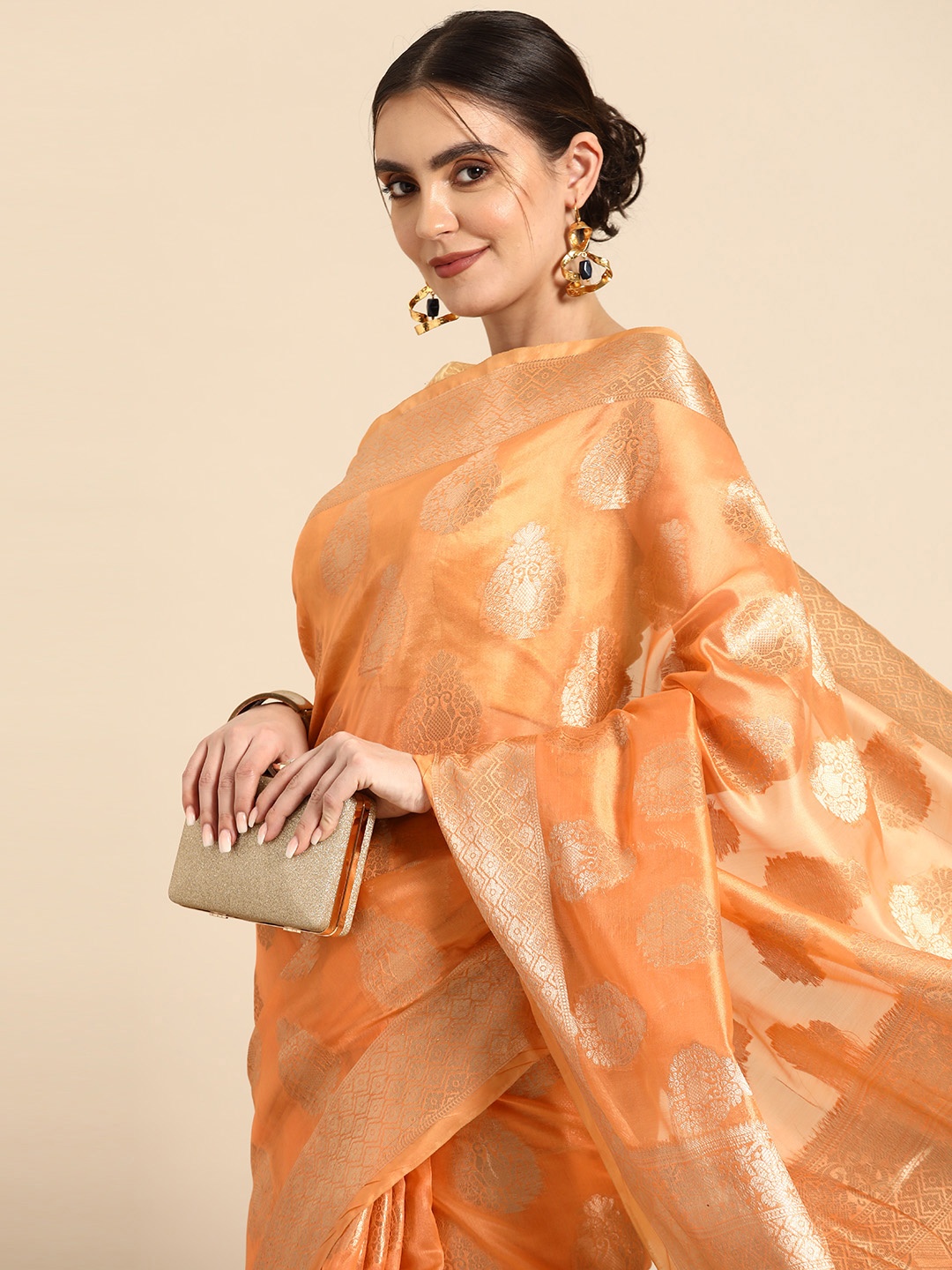 

all about you Ethnic Motifs Zari Organza Banarasi Saree, Peach