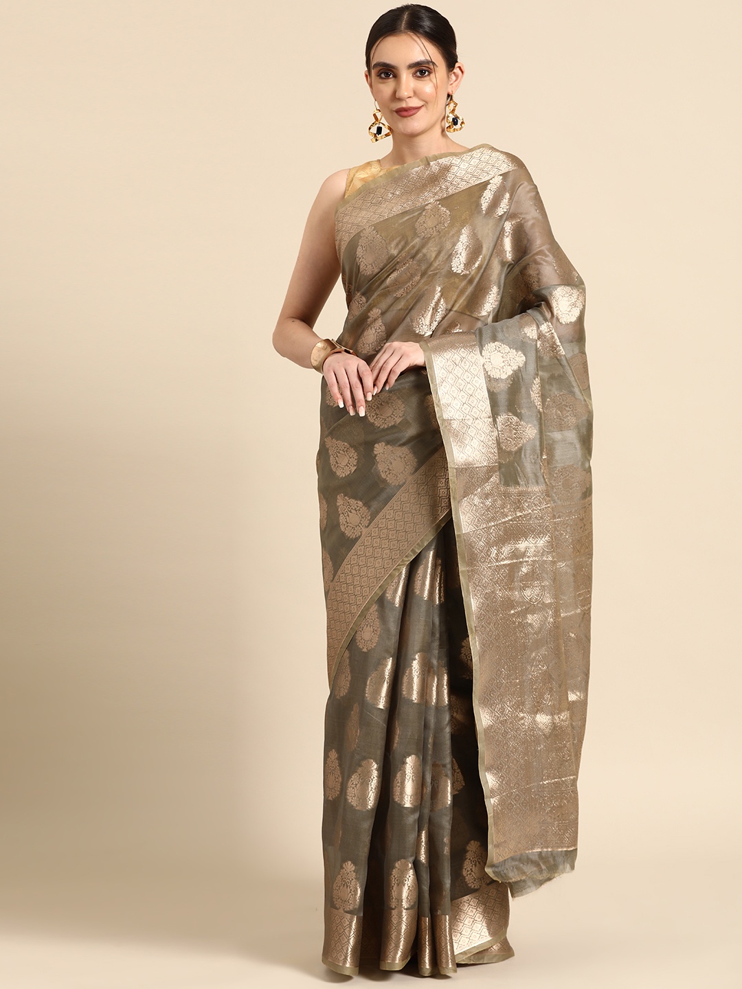 

all about you Ethnic Motifs Zari Organza Banarasi Saree, Grey