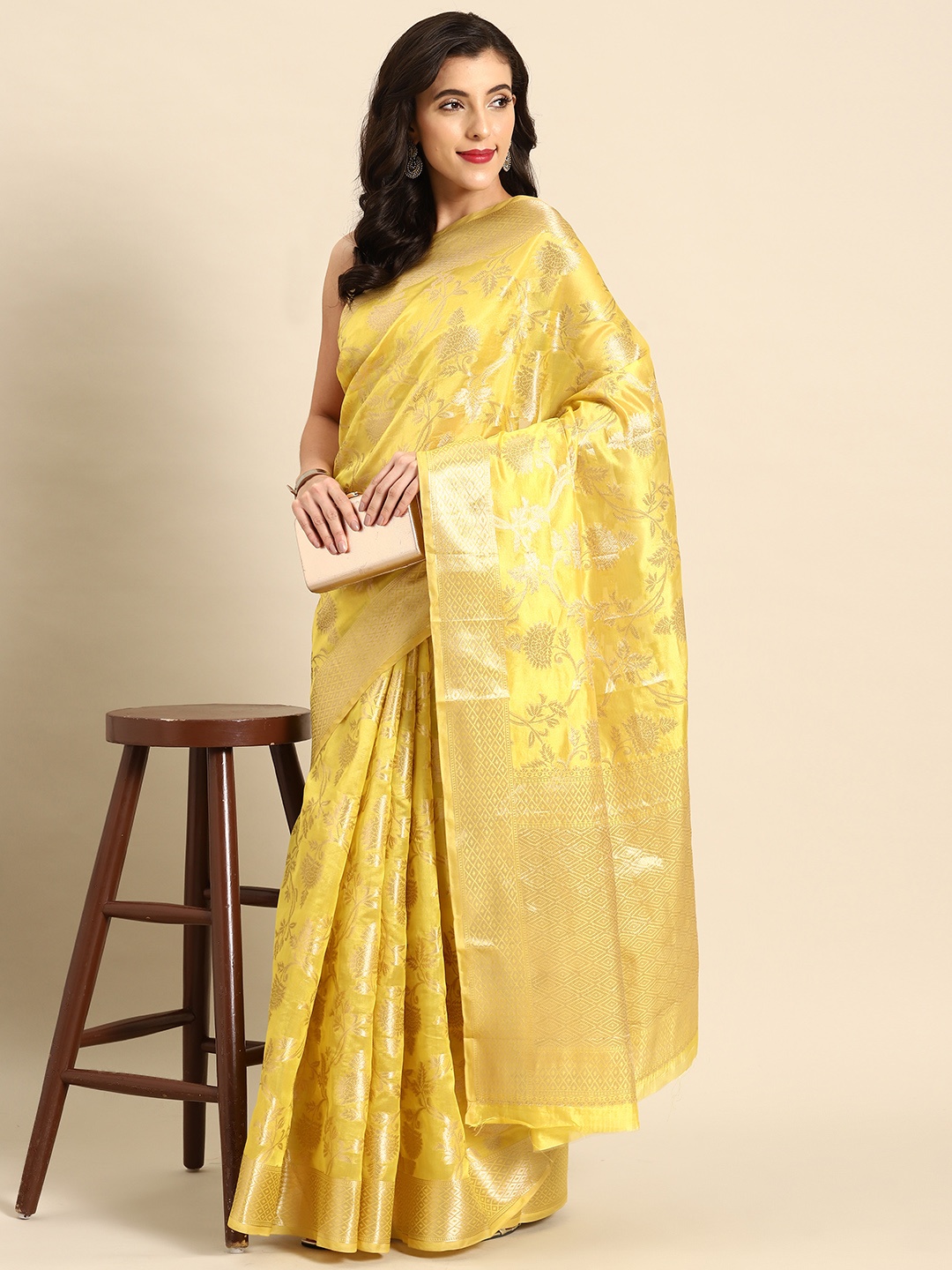 

all about you Ethnic Motifs Zari Organza Banarasi Saree, Yellow