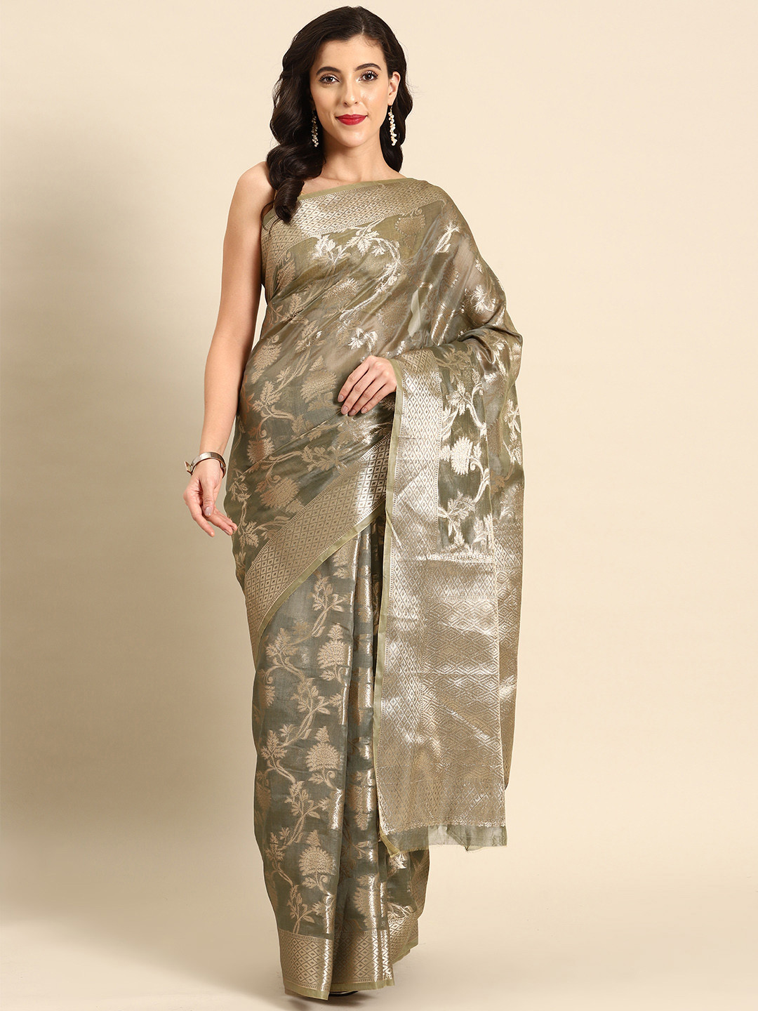 

all about you Ethnic Motifs Zari Organza Banarasi Saree, Grey