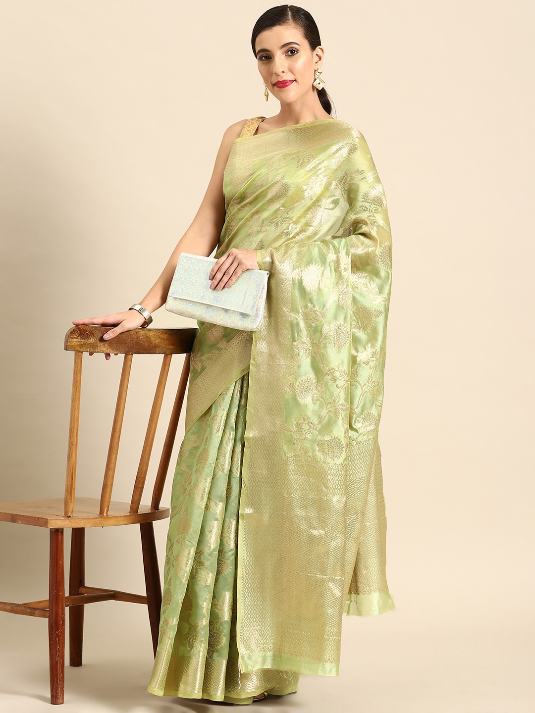 

all about you Ethnic Motifs Zari Organza Banarasi Saree, Green
