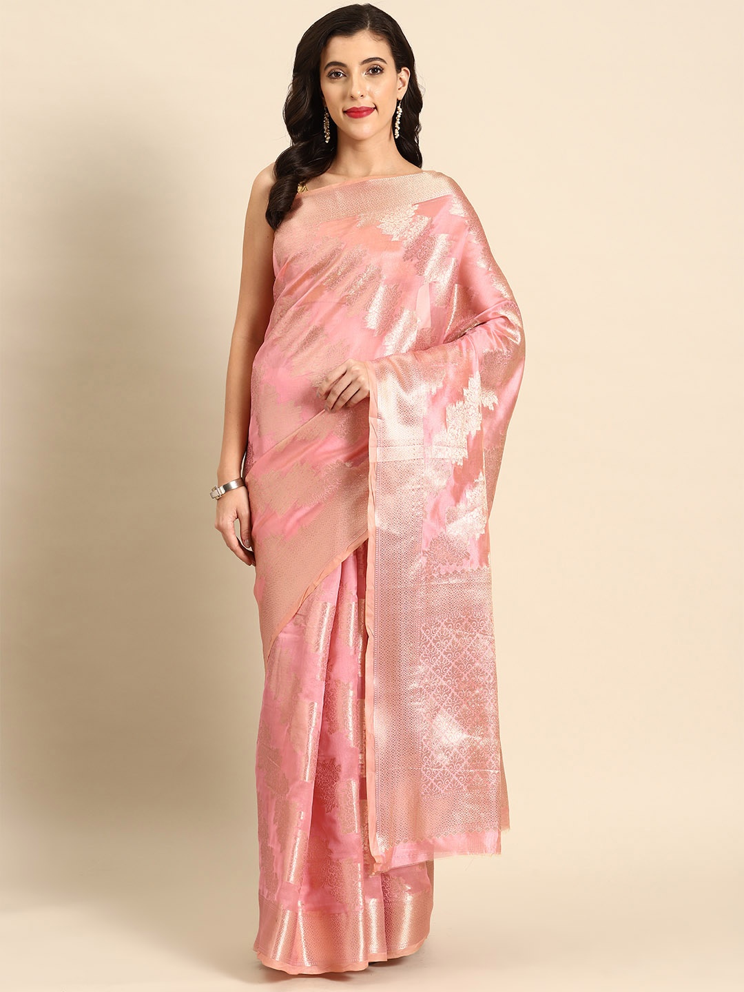 

all about you Ethnic Motifs Zari Organza Banarasi Saree, Pink