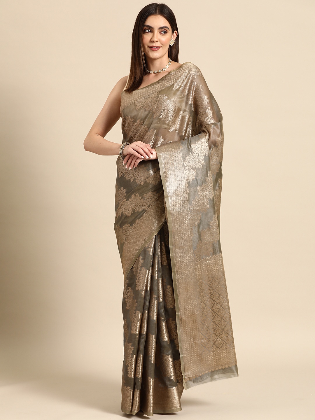 

all about you Floral Zari Organza Banarasi Saree, Grey