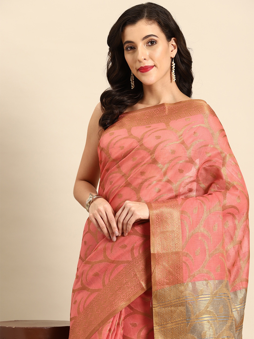 

all about you Woven Design Chanderi Saree, Pink