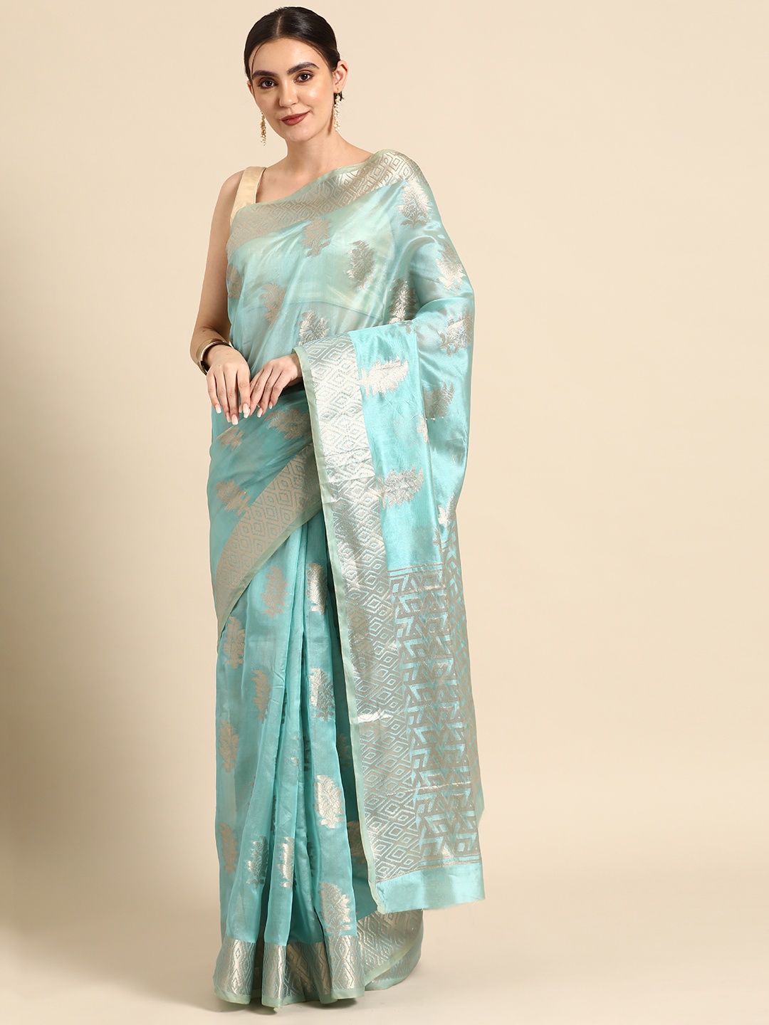 

all about you Ethnic Motifs Zari Organza Banarasi Saree, Turquoise blue