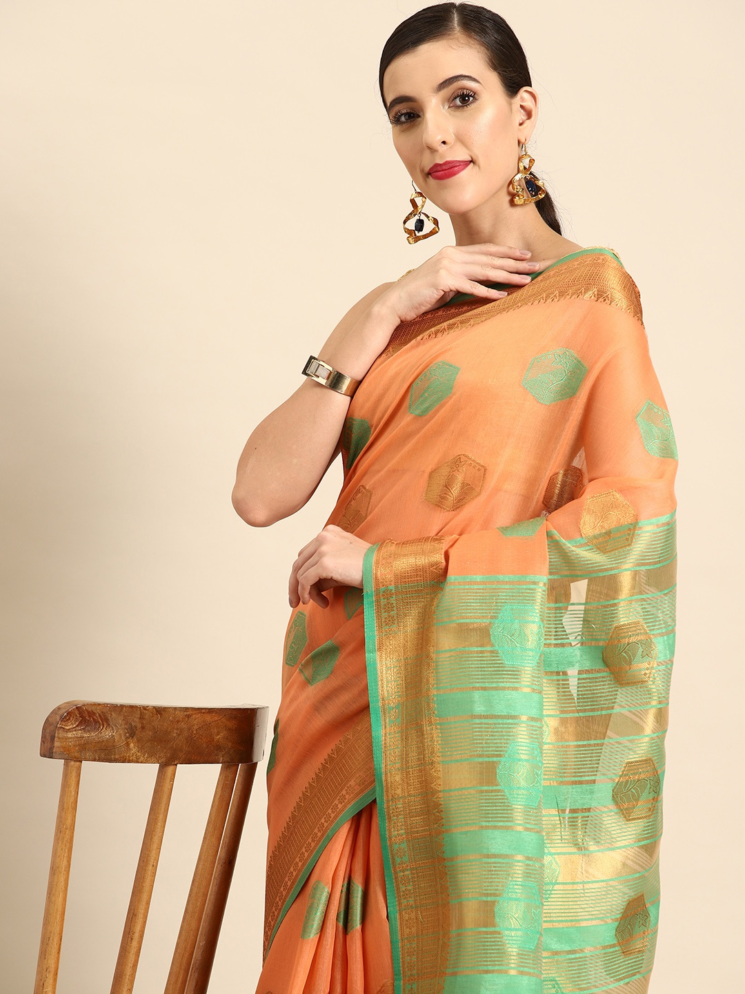 

all about you Woven Design Chanderi Saree, Peach