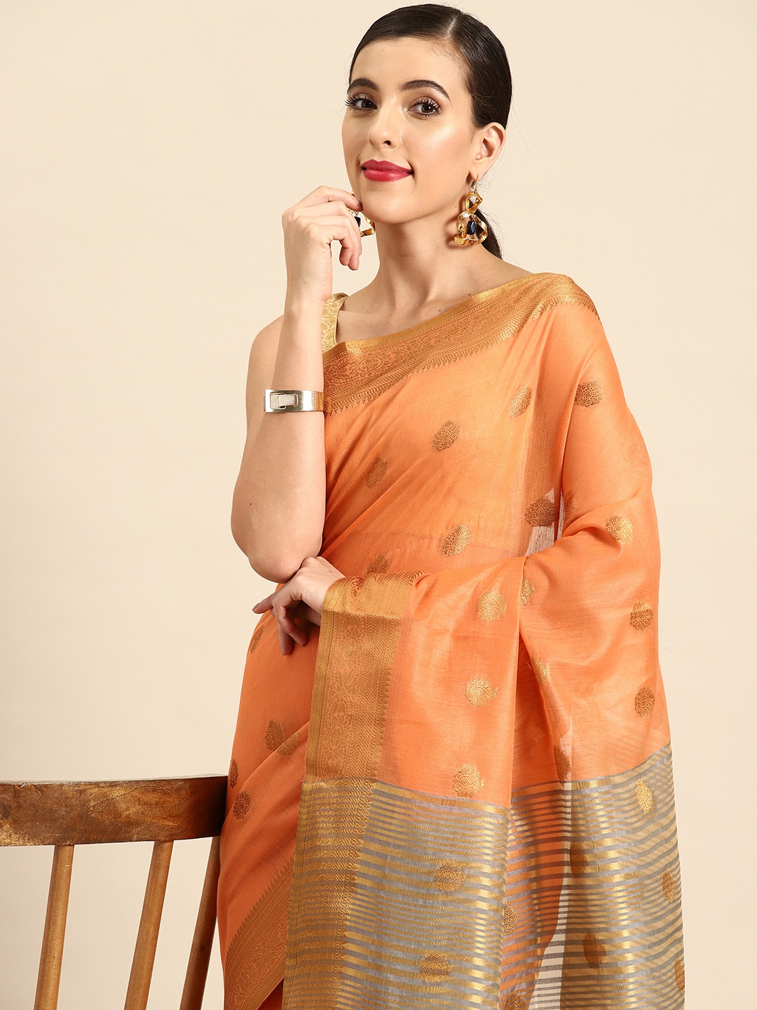 

all about you Ethnic Motifs Chanderi Saree, Peach