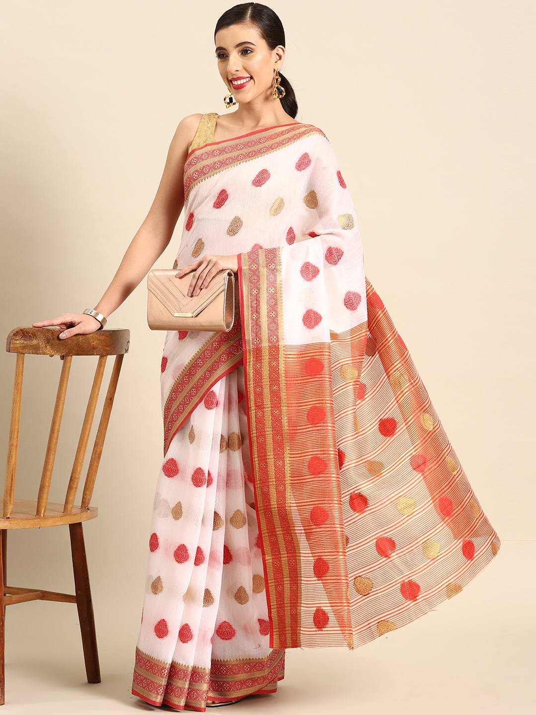 

all about you Woven Design Chanderi Saree, White