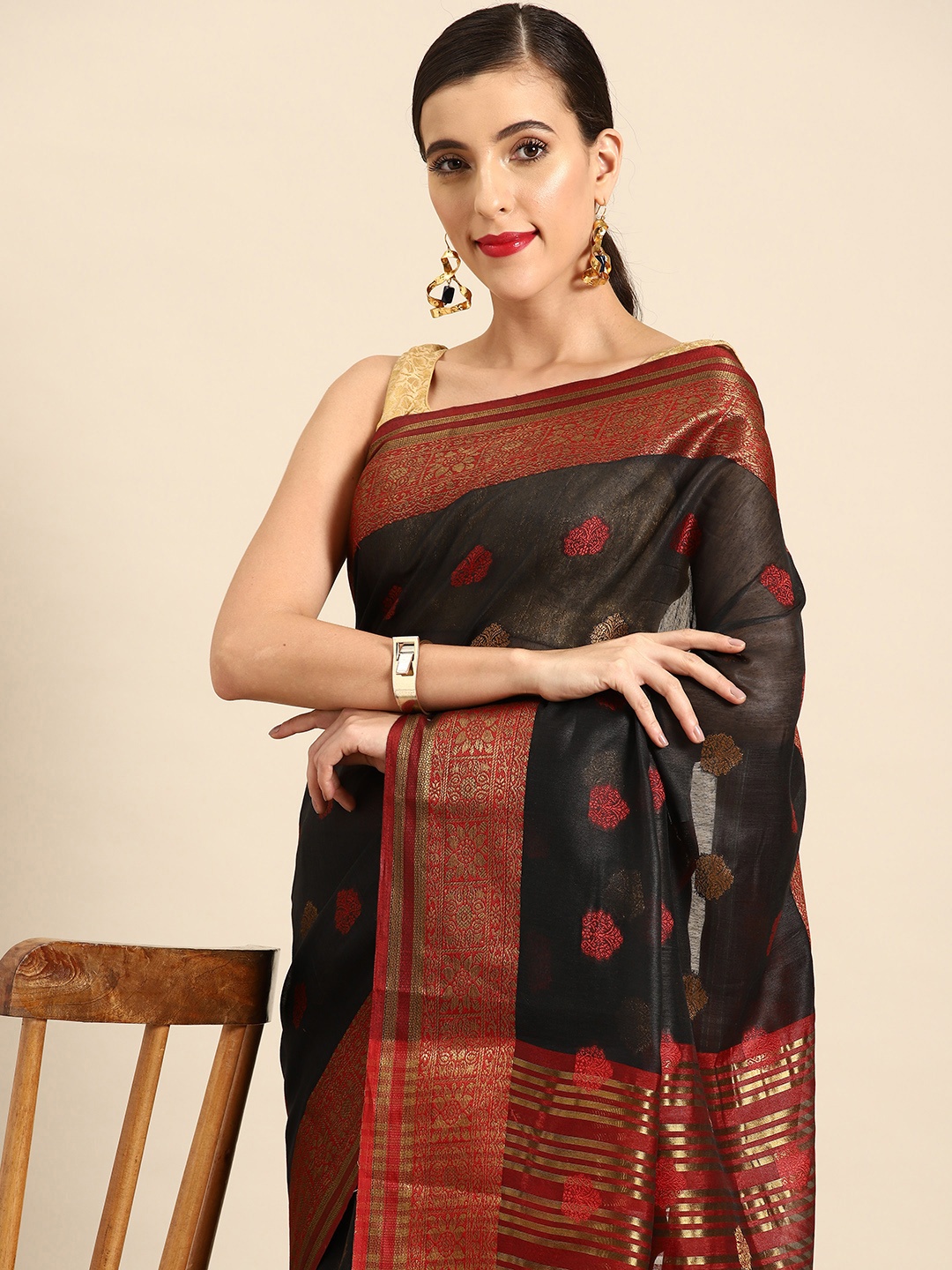 

all about you Ethnic Motifs Chanderi Saree, Black