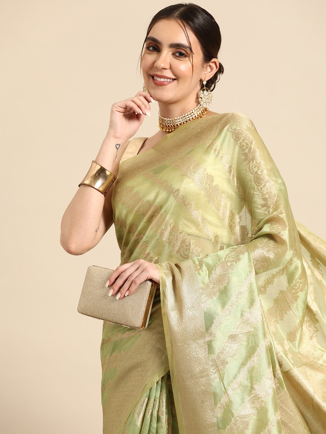 

all about you Floral Zari Organza Banarasi Saree, Sea green