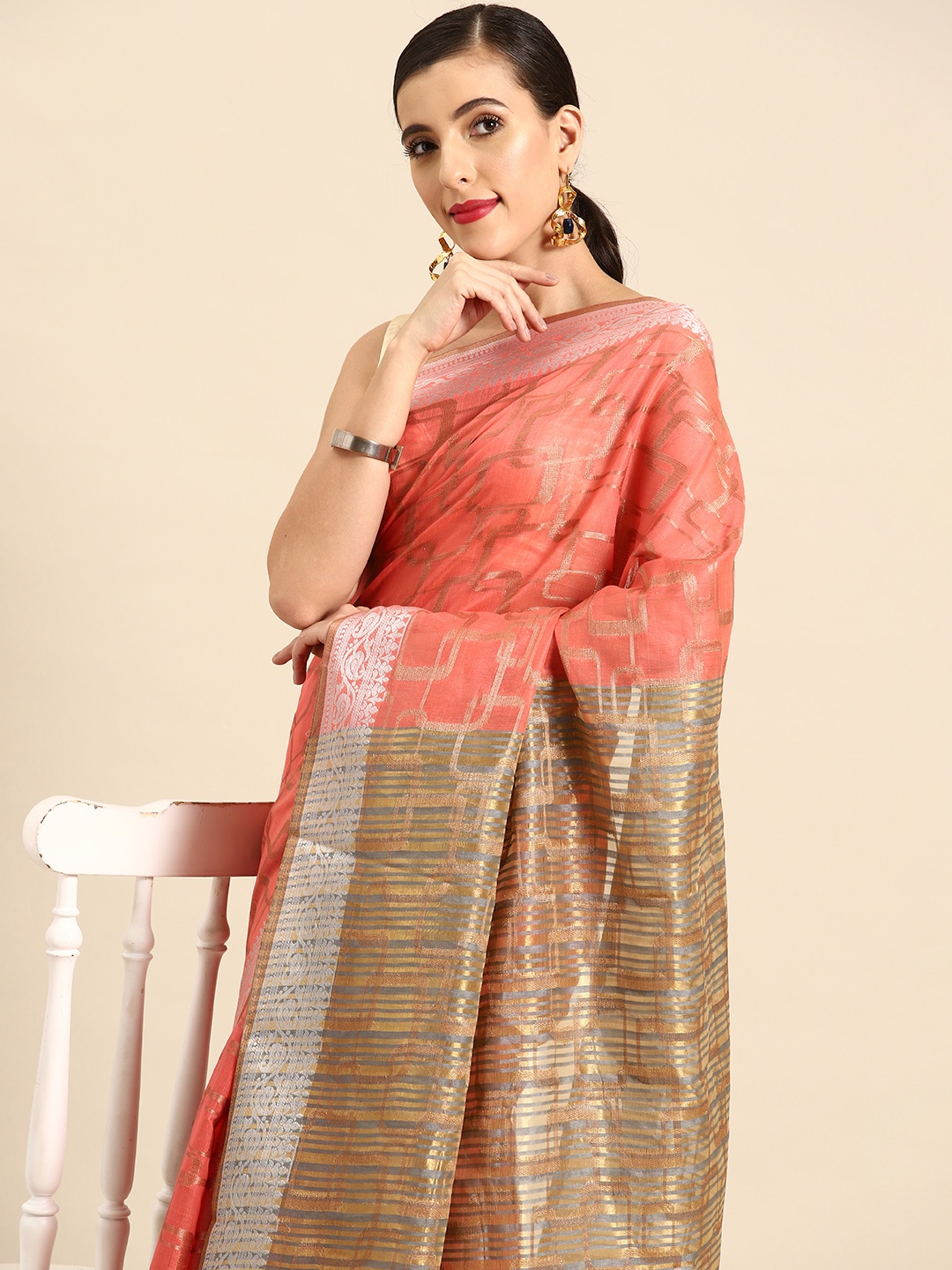 

all about you Geometric Woven Design Chanderi Saree, Pink