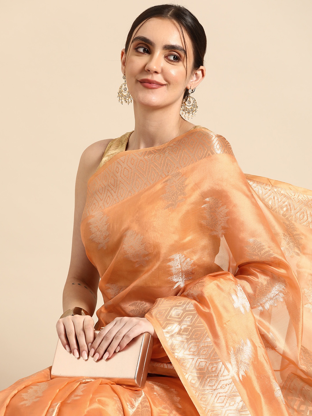 

all about you Ethnic Motifs Zari Organza Banarasi Saree, Orange